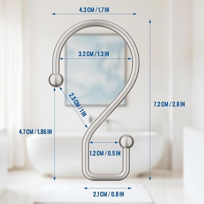 Metal Shower Curtain Hooks Rings, S Shape Metal Shower Curtain Rings Rust Proof Shower Curtain Hangers, Heavy-Duty Multi-Functional Shower Hooks for Shower Curtain, Matte Nickel, 12 Pack