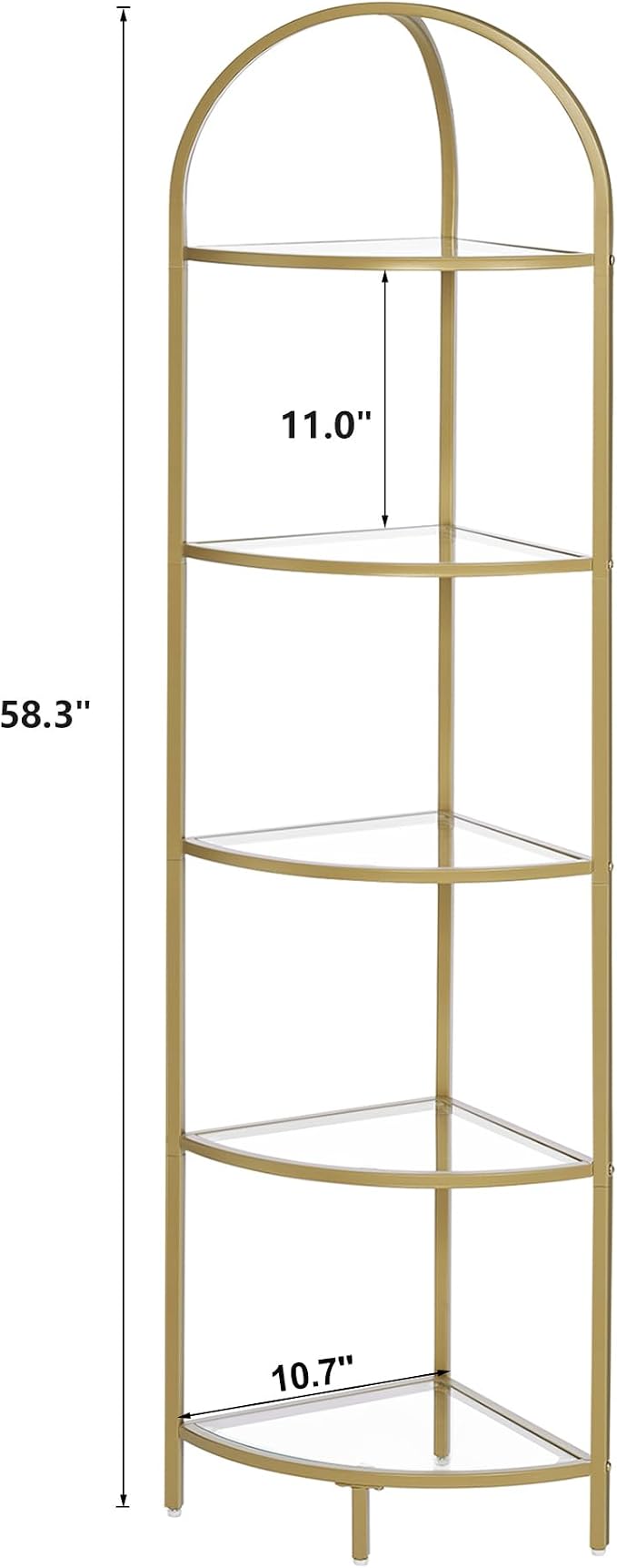 Homhedy 5-Tier Gold Corner Shelf Stand, Metal Corner Bookshelf | Display Shelf, Tempered Glass Shelves, Plant Stand, Storage Rack Shelf for Bedroom, Living Room, Home, Office, Gold