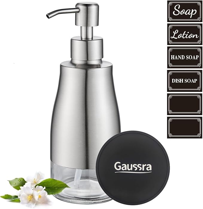 Gaussra Soap Dispenser with Coaster and Stickers - 11 OZ / 320 ML | Brushed Nickel Stainless Steel Case Glass Liner Hand Soap Dispenser, Lotion Soap Dispenser for Bathroom and Kitchen