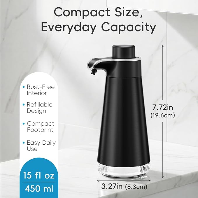 BYUNER Foaming Soap Dispenser for Bathroom & Kitchen, 15 fl oz Refillable Foam Soap Dispenser, Metal Look Countertop Soap Dispenser, Rust-Free Hand Soap Dispenser, Brushed Black