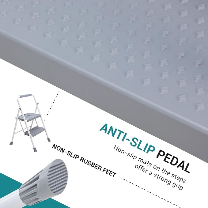 OLIXIS 2 Step Ladder, 800lbs Foldable Step Stool with Anti-Slip Pedal | Heavy Duty Portable Stepping Stool with Sturdy Steel Ladder & Comfortable Handrail, for Kitchen, Garage, Outdoor Use - Grey
