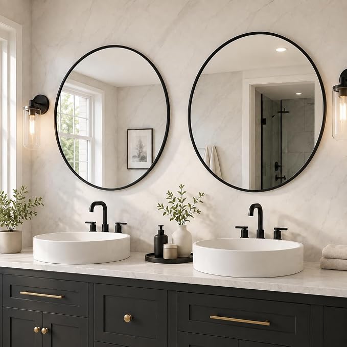 2 Pack 30 Inch Round Bathroom Mirrors for Over Sink | Circle Mirror with Metal Frame, Black Wall Mirror Modern Decoration for Vanity, Entryway, Living Room, Hallway and Bedroom