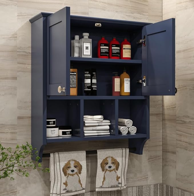 Bathroom Wall Cabinet, Wall Mounted with Towel Bar & 6 Shelves - Over Toilet Storage Organizer, 2-Door Medicine Cabinet, Adjustable Bathroom Shelves(Blue)