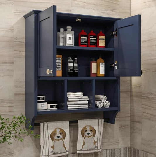 Bathroom Wall Cabinet, Wall Mounted with Towel Bar & 6 Shelves - Over Toilet Storage Organizer, 2-Door Medicine Cabinet, Adjustable Bathroom Shelves(Blue)