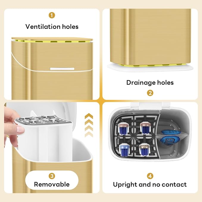GFWARE Gold Bathroom Toothbrush Holder with Cover, Ventilated & Drainage | Detachable 5 Slots Bathroom Organizer for Toothbrush and Toothpaste, Waterproof & Dustproof, Fits Toothbrushes Under 7.5 In