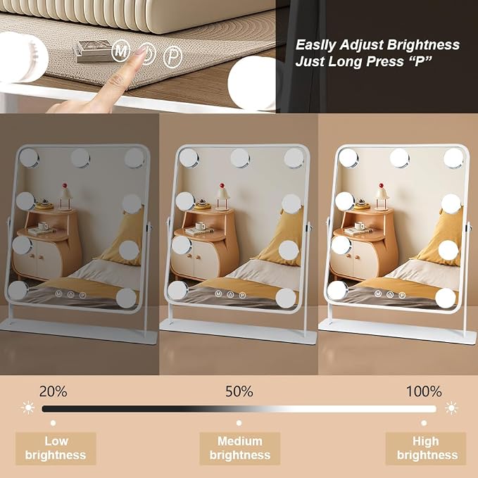 YEKKOPT Vanity Mirror with Lights,Lighted Makeup Mirror with 9 LED Bulbs, Light Up Makeup Mirror with Lights for Dressing Room & Bedroom,Smart Touch Control,360 Rotation