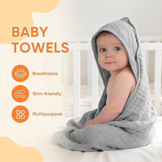 MIGIOL Muslin Hooded Baby Towels 100% Cotton ，Super Soft Muslin Baby Bath Towel - 32 x 32 Inches, Suitable for Newborn and Young Children up to 3 Years Old. (Grey & Green)