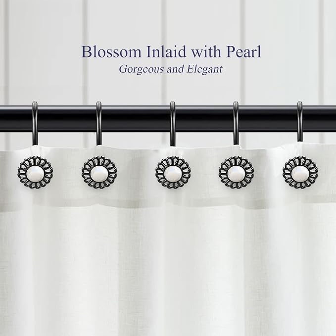 Black Sunflower Shower Curtain Hooks, 12Pcs Rustproof Metal Ring | Pearl inlaid sunflower, zinc alloy, rustproof, anti-fall S-shape, smooth glide, easy install, fits curtain & liner