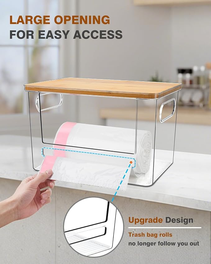 Trash Bag Holder, Acrylic Garbage Bag Dispenser with Bamboo Top | Extra Large Trash Bags Dispenser Under Sink for Kitchen, Pantry, Laundry Room, Cabinet Organizer and Storage (1 PACK)