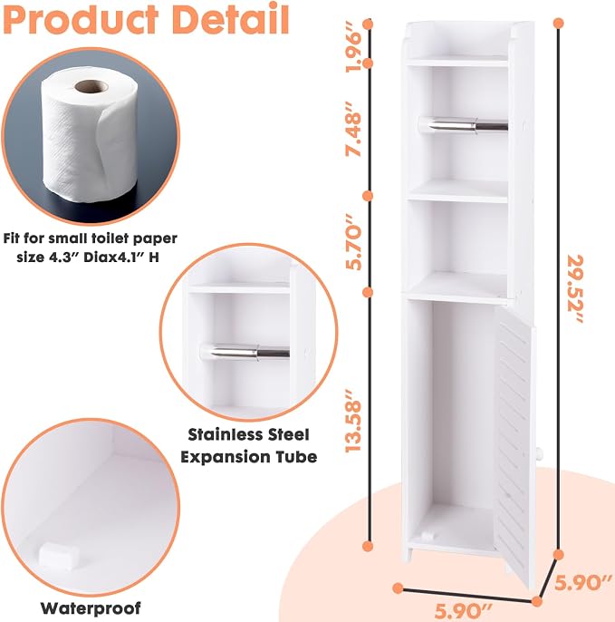 ShellKingdom Toilet Paper Holder Stand with Rod, Small Bathroom Cabinet | Slim Storage Cabinet for Bathroom Small Spaces Corner Floor with Doors and Shelves, White