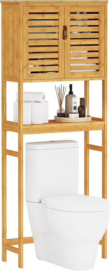 Over The Toilet Storage Cabinet, Tall Bathroom Cabinet Organizer with Cupboard and Adjustable Shelves, Freestanding Toilet Shelf Space Saver Rack Stand for Laundry Room, Balcony, Bamboo