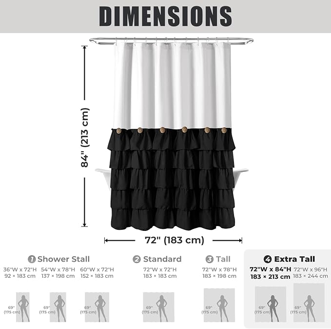 Seasonwood Black and White Farmhouse Shower Curtain 72 x 84 Black Ruffle | Natural button accents, layered fabric tiers, shabby chic and French country styling for decorative bathroom updates
