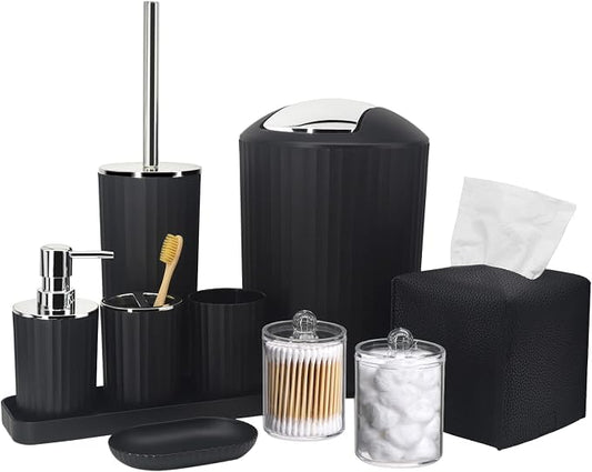 Bathroom Accessory Set, 10 Piece Black Bathroom Set Complete | Includes Trash Can, Soap Dispenser, Toothbrush Holder, Soap Holder, Tumbler, Toilet Brush, Tray, Qtip Holders, Tissue Cover
