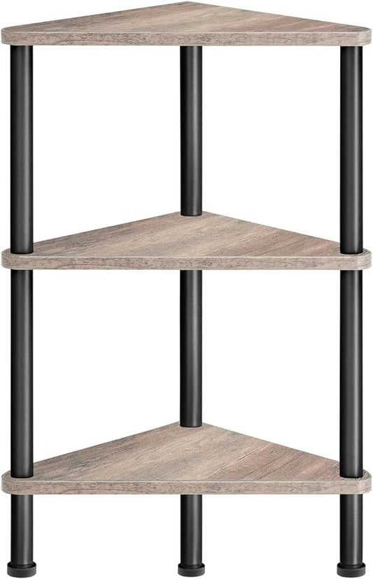 HOOBRO Corner Shelf Stand, Industrial 3-Tier Wall Corner Bookshelf with Metal Frame, Plant Display Shelf, Bookcase for Small Spaces, Living Room, Greige and Black BG30CJ01