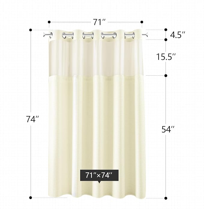River Dream Cream Cotton Blend Fabric Shower Curtain Set with Liner, 71x74 | Waffle Weave, No Hook Needed, with Snap in Replacement Liner, Top Sheer Window, Hotel Quality Fabric for Bathroom