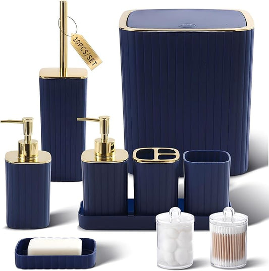 XLHOMO Bathroom Accessories Set - Gorgeous Bathroom Set, 10PC Navy Blue Bathroom Accessory Set, Toilet Brush, Trash Can, Qtip Holder & Soap Dispenser