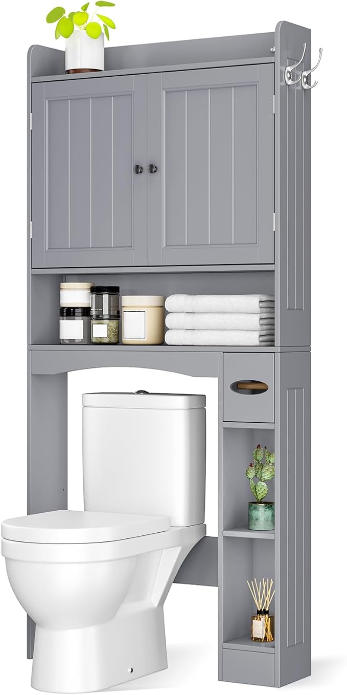 Over The Toilet Storage Cabinet, 32.3" W, Espresso | Over Toilet Bathroom Organizer with Doors, Adjustable Shelves, Toilet Paper Holder, 2 Side Hooks, for Bathroom, Laundry