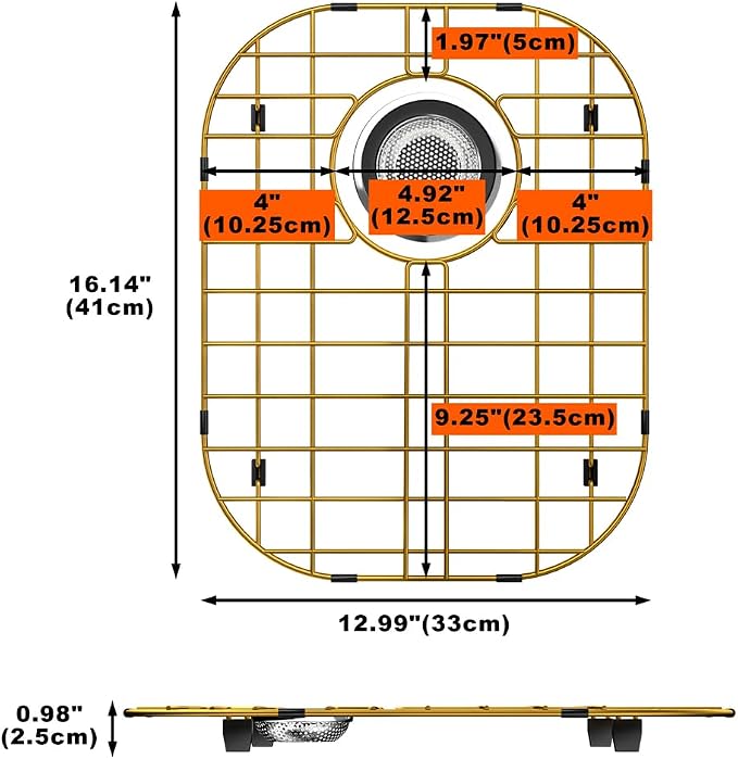 Universal Stainless Steel Sink Protector, Double Sink Bottom Grid Sink Rack with Rear Drain Hole for Kitchen Sink, 16 x13 Inches (Gold)