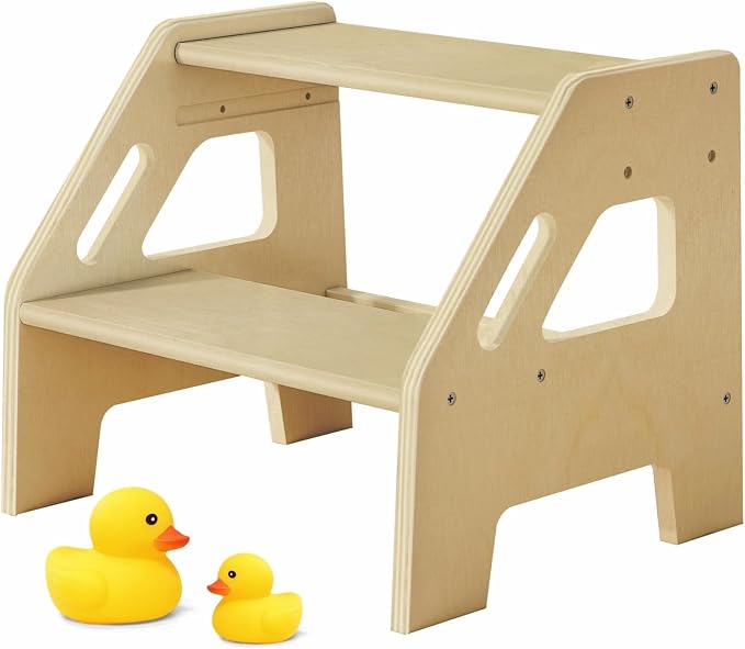 Harwaya 2 Step Stool for Toddlers Bathroom Sink, Kids Step Stool for Toilet Potty Training, Baby Child Toddler Stepping Ladder with Handles for Kitchen Counter Bedroom Nursery Bed (Natural Wood)