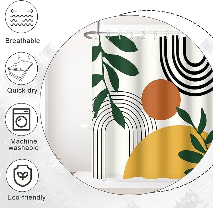 Boho Sun Shower Curtain with Hooks for Bathroom 72x78 Inch | Waterproof Mid Century Green Leaves and Arch Shower Curtain Set, Soft Beige Bathroom Decor