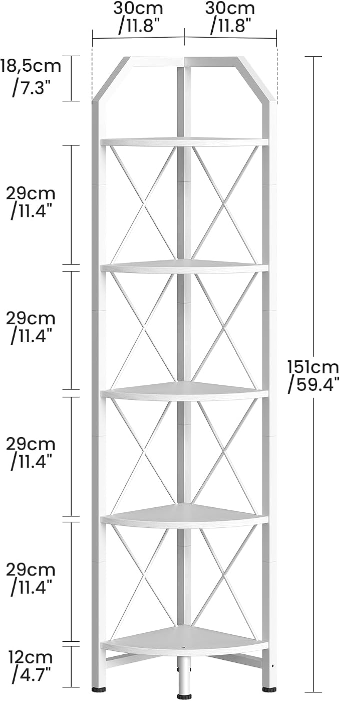 5-Tier Corner Shelf, Industrial Corner Bookshelf, 59.4" Corner Storage Stand, Plant Stand Display Shelf, Corner Bookcase for Bedroom, Living Room, Home Office, White TCJ10WB