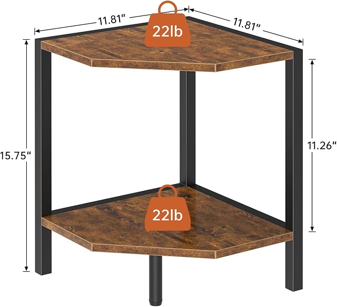 Creso hom Corner Shelf Stand, 2 Tier Industrial Corner Bookshelf | Multipurpose Standing Corner Display Shelf Countertop Organizer for Living Room Kitchen Bedroom Office, Rustic Brown