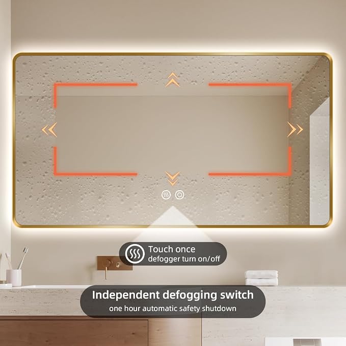 48" x 36" Gold LED Bathroom Mirror with Lights, HD Reflection | Lighted for Vanity, Anti-Fog, 3-Color Stepless Dimmable, Memory, Shatterproof, UL-Listed, Wall Backlit Mirror, Easy Mounting