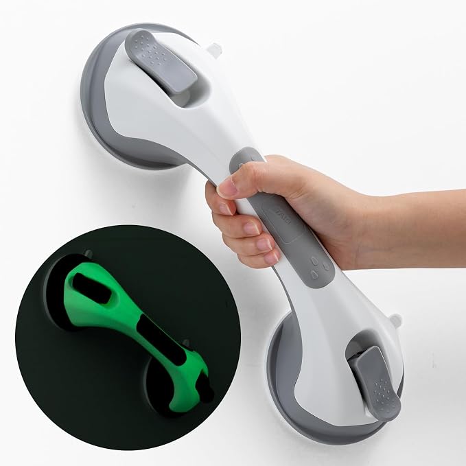 TAILI Shower Grab Bars,Suction Shower Handles,Glow in The Dark,12.2",Grey | Safety for Showers,Bathtubs,Toilet,Elderly&Seniors,Bathroom Grip Bar Heavy Duty Handrails,No Drilling Removable Waterproof,G9