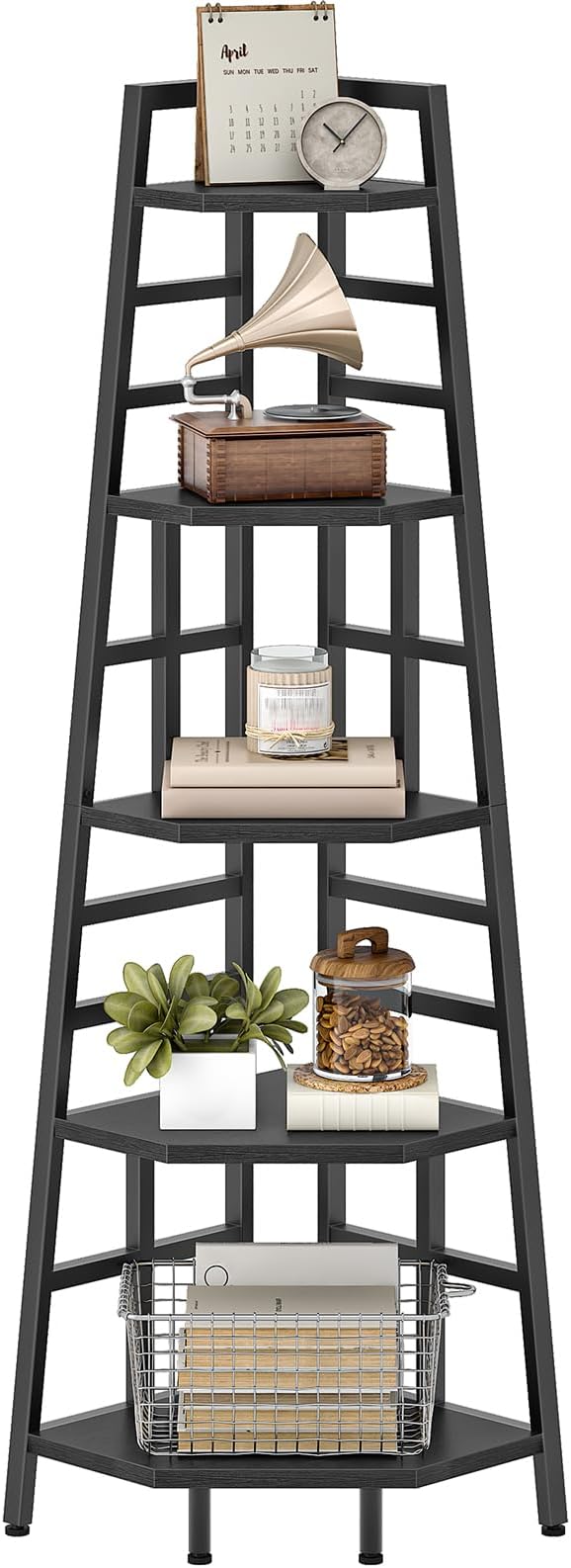 70.1-Inch 5-Tier Tall Corner Shelf, Narrow Bookshelf for Small Spaces, Industrial Bookcase Display Stand for Living Room, Bedroom, Office, Black TCJ25BB