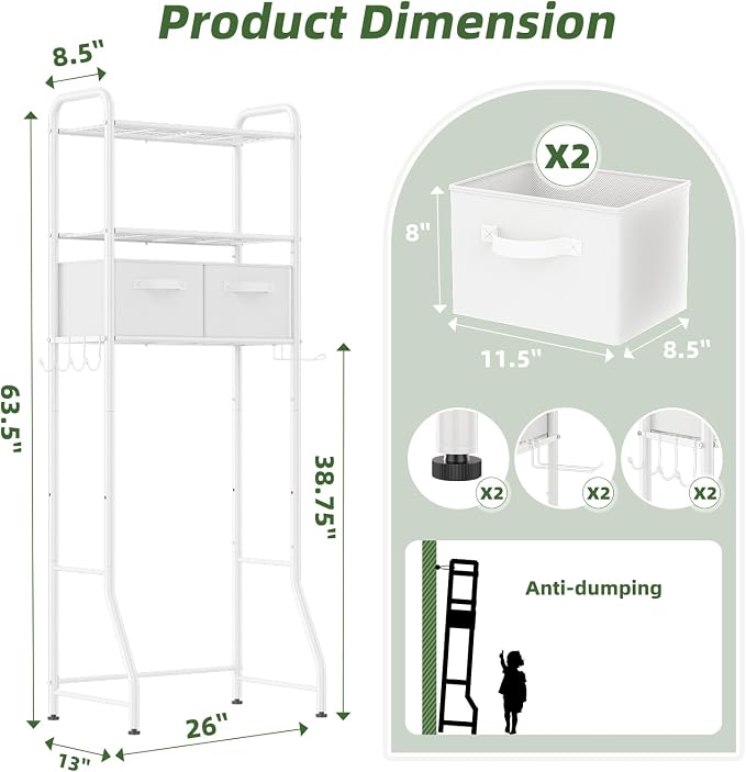 Simple Trending Over The Toilet Storage Rack with Drawers, Metal 3 Tier Bathroom Organizer Shelf with Paper Holder and 3 Hooks, White