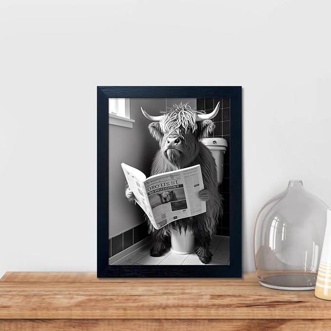 Framed Black and White Bathroom Wall Decor Highland Cow with Toilet Paper on Head Canvas Wall Art Toilet Decor Cow Pictures Wall Decor Animal Bathroom Sign Artworks for Home
