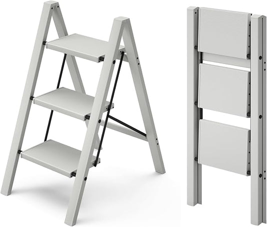 HillhutApex 3 Step Stool Foldable Ladder,Aluminum Step Ladder | Folding Lightweight Stable Stool with Wide Non-Slip Pedals, 330lbs Bearing Capacity Ladder for Office,Home,Kitchen-Grey