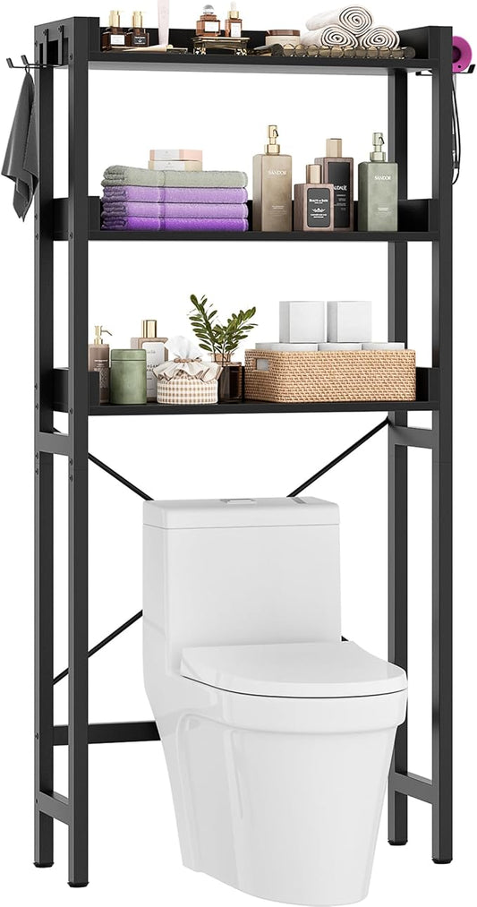 Besiost Over The Toilet Storage Rack - 3 Tier Bathroom Organizer with Shelves, Freestanding Space Saver Storage Rack Above Toilet Stand with 4 Hooks for Restroom, Laundry, Black