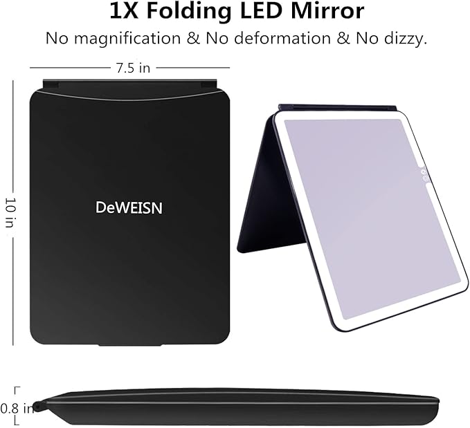 Folding Lighted Makeup Mirror with 72 LEDs 3 Colors Light Modes USB Rechargable 1800mA Batteries Portable Ultra Thin Compact Vanity Mirror Dimmable Travel Mirror