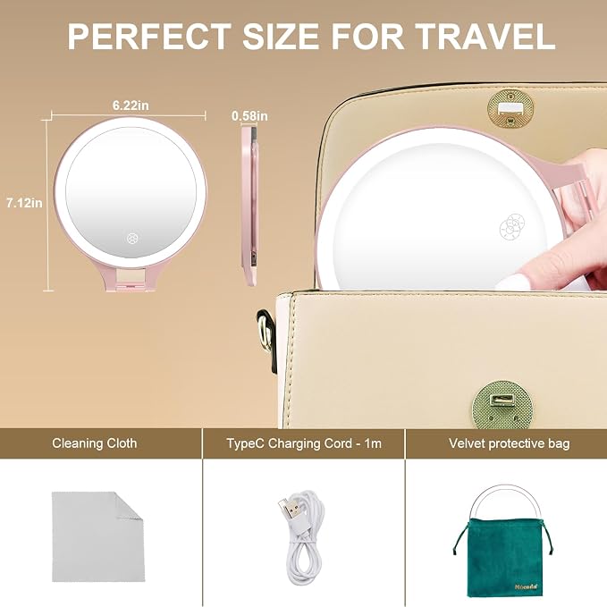 Mocado 1X/20X Magnifying Mirror with Light, Travel Makeup Mirror with Light | Double Sides Travel Mirror with 3 Color Light, Dimmable Touch, 1500mAh Rechargeable, Brightness Adjustable(Pink)