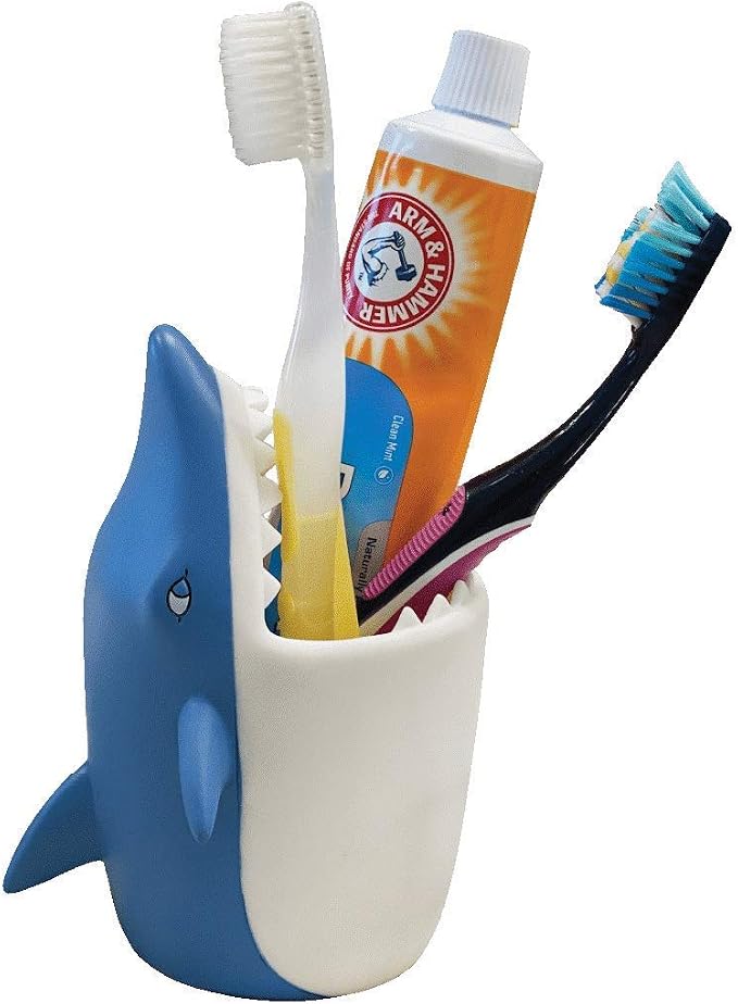 Kids Toothbrush Holder Toothbrush Organizer – Durable Silicone Animal Tooth Brush Holder – Easy to Clean Toothbrush and Toothpaste Holder – Toothbrush Holders for Bathrooms by Lily’s Home - Shark