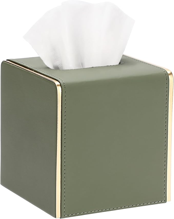 Sumnacon PU Square Tissue Box Cover, Magnetic Bottom, Waterproof,Dark Green | Stylish Cube Tissue Box Holder with Gold Edging Fits Vanity, Toilet Tank, Dresser, Nightstand, Table, Countertop, Office, Car