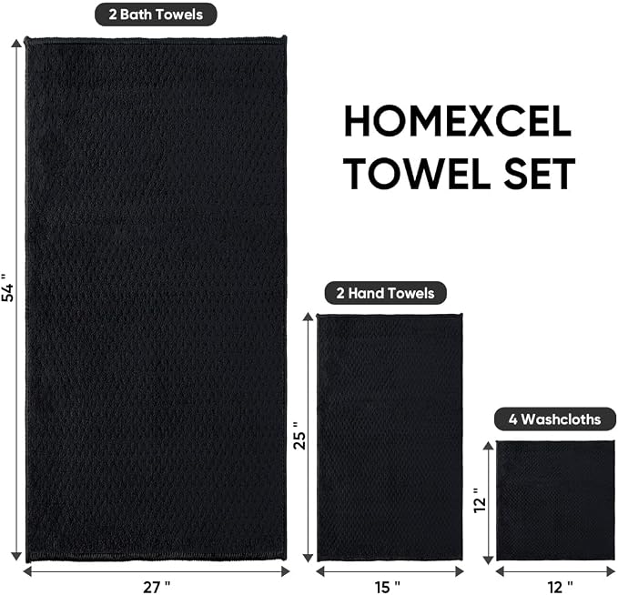 HOMEXCEL 8PK Bath Towel Set, Soft Absorbent, 2 Bath, 2 Hand, 4 Wash, Black | Light Weight, Quick Drying Towel Set for Bathroom, Gym, Hotel, SPA, Sport, Yoga, Fitness