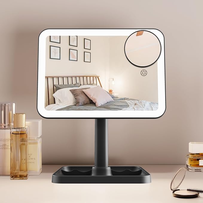 FUNTOUCH Rechargeable Vanity Makeup Mirror with Lights,Black | 10X Magnification,3 Color Lighting Touch Dimmable Portable Desk Mirror with Light,360°Rotation Led Mirror & Storage