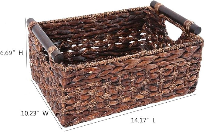 Water Hyacinth Wicker Storage Basket with Wood Handles, Large | Rectangular dark brown woven rattan basket, for shelves, kitchen countertops, closet, holds magazines, toilet paper