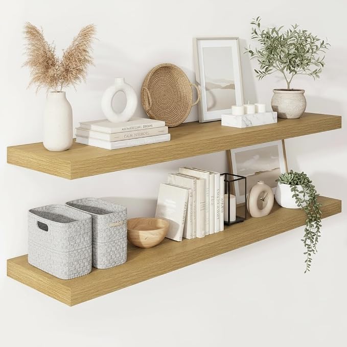 Vivelove Deep Floating Shelves 48x12” Set of 2, Oak | Easy Install With Hardware, 2" Thick, Invisible Brackets, Wall Mounted, No Sagging, For Any Room