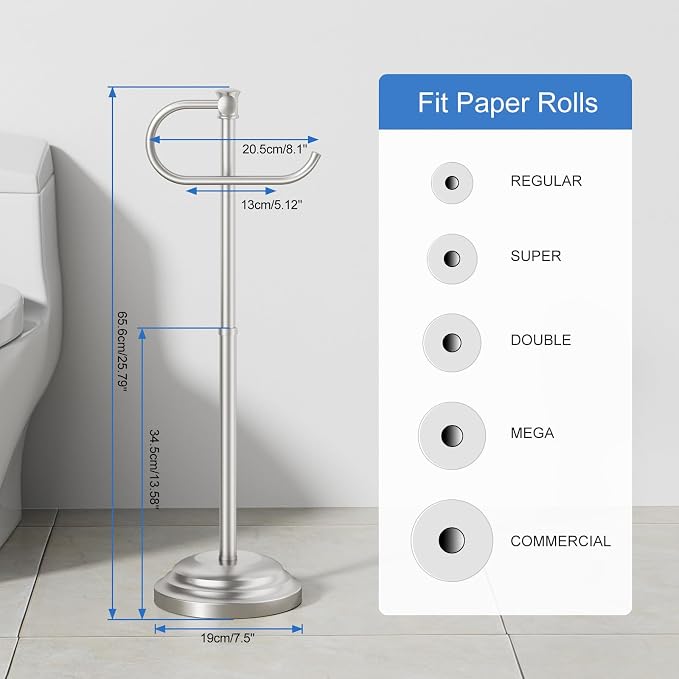 RUMOSE Toilet Paper Holder Stand for Floor Free Standing, Nickel | Bathroom Freestanding Toilet Tissue Roll Holder with Storage, Adjustable 17-25 Inch, Rustproof, SUS304 Stainless Steel