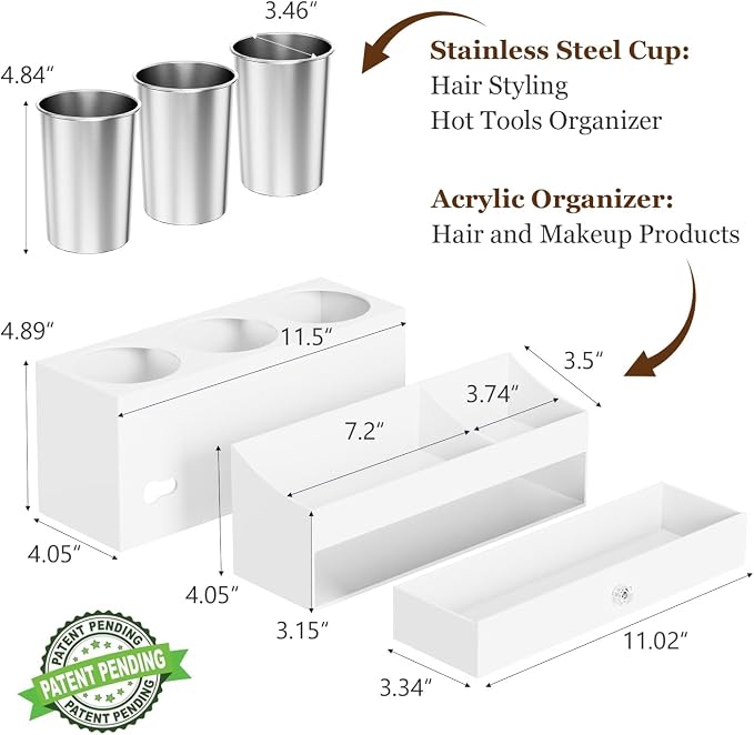 GFWARE Hot Hair Styling Tool Organizer with Drawer & 3 Cooling Cups, White | Bathroom Vanity Storage, Hair Styling Accessorier Hair Dryer, Blow Dryer, Curling Iron, Flat Iron, Hair Straightener