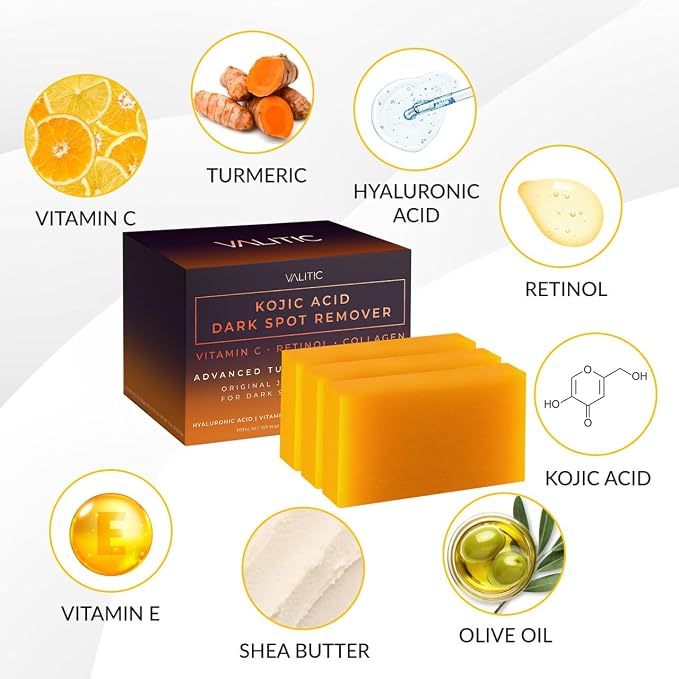 VALITIC Kojic Acid Dark Spot Corrector Soap Bars with Vitamin C, Retinol, Collagen, Turmeric - Original Japanese Complex - Hyaluronic Acid, Vitamin E, Shea Butter, Castile Olive Oil - 3 Pack With Bag