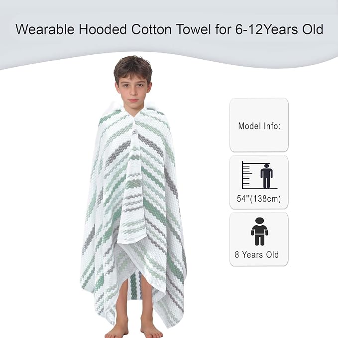 VOOVA & MOVAS Big Kids Hooded Bath Towel,6-12 Years,100% Cotton | 64X33 Inch,Green Brown Stripe,Thick,Soft, Absorbent, Quick-Drying, Beach/Pool/Swim Essentials