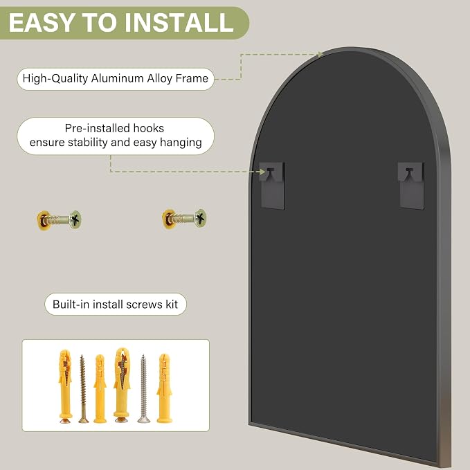 XRAMFY 32"x48" Arched Bathroom Mirror with Aluminum Frame Arched Wall Mounted Vanity Mirror for Entryway, Bedroom, Living Room, Black