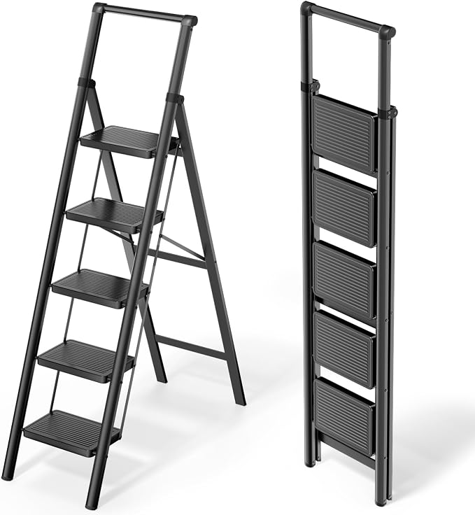 5 Step Foldable Step Stool with Handrail, 330lbs Load, Black | Folded 67'' H x 3'' T; Net 17.8 lbs; Anti-Slip Feet Grip Wood, Tile, Carpet; Wide Pedals; For Shelves, Repairs.