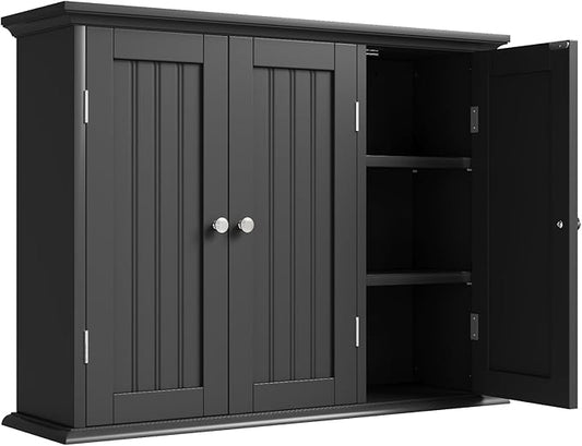 ChooChoo Laundry Cabinet with 3 Doors and Adjustable Shelves | 9.06"D x 31.1"W x 24"H, Bathroom Wall Cabinet, Cupboard, Black