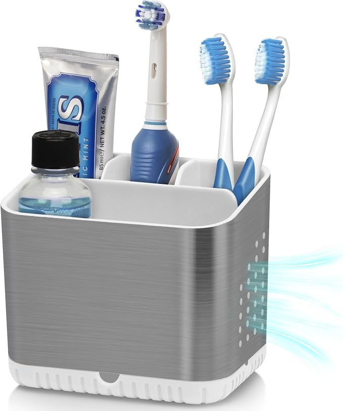 Toothbrush Holders for Bathrooms, Toothbrush Organizer (Brushed Silver) | Easy To Clean, Drainage, Removable, Non-Slip, 4 Slots Tooth Brush Holder for Bathroom Countertop Organizer