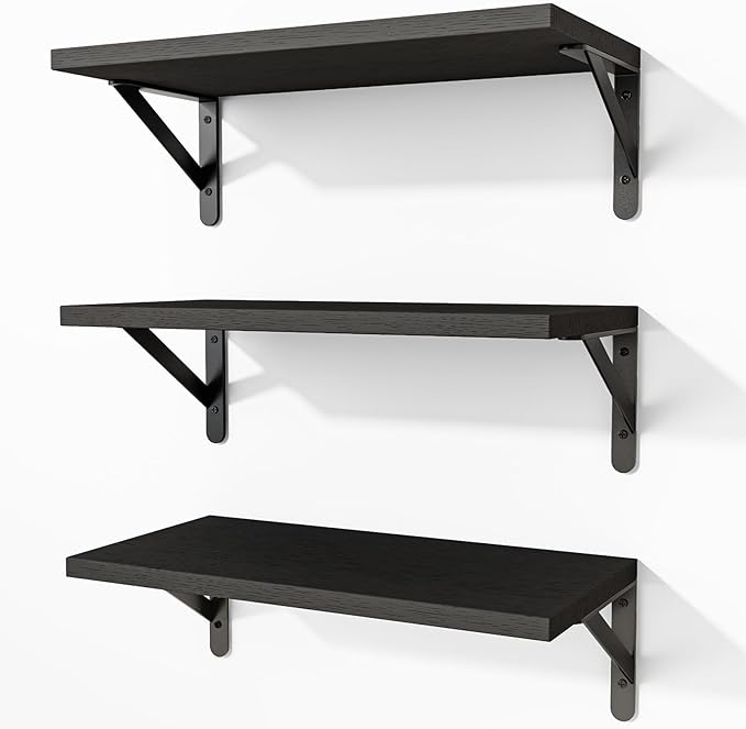 Fixwal Wall Floating Shelves for Home Decor (Black, Set of 3, 16.5 Inch) | Wood Shelves, Natural Grain, 40Lb Capacity, Sturdy Triangle Brackets, Versatile for Any Room